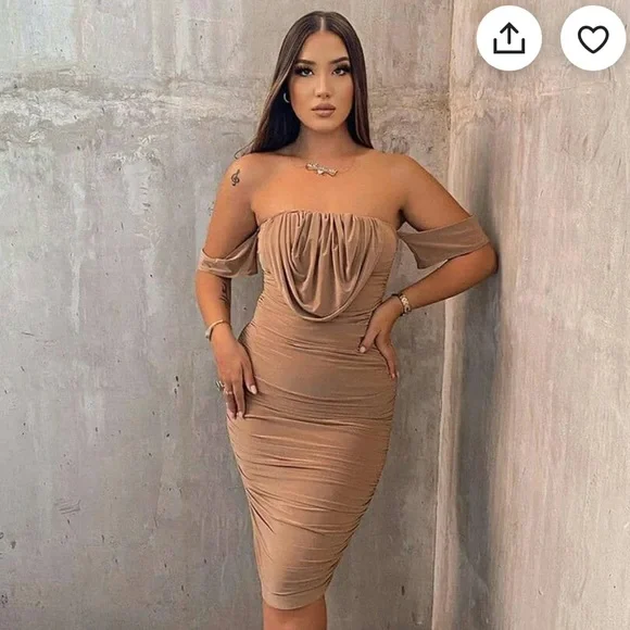 knee length dresses for ladies White Bardot Cowl Neck Ruched Midi Dress main image 1
